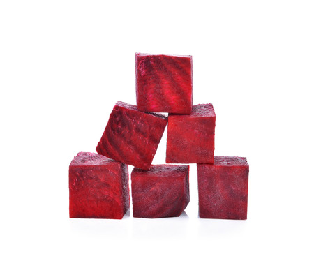Beetroot cube slices isolated on white backgroundの写真素材