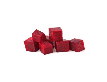 Beetroot cube slice closeup isolated on white backgroundの写真素材