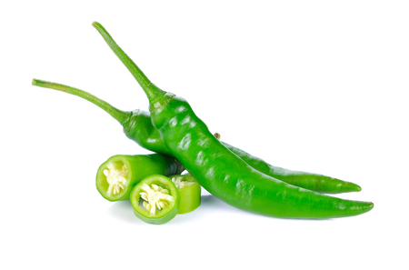 Green hot chili pepper on whiteの写真素材