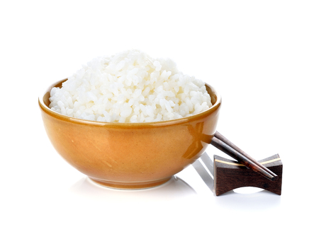 Rice in a bowl on a white backgroundの写真素材