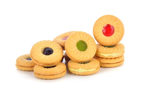 cookies with fruit jam isolated on white backgroundの写真素材