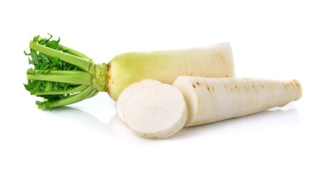fresh white radish isolated on white backgroundの写真素材
