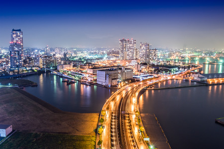 Night view Yokohama Bay. showing the Yokohama Bay and Tokyo city at the far end