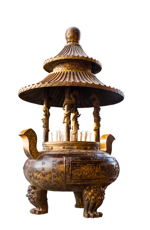 Ancient bronze incense burner on white backgroundの写真素材