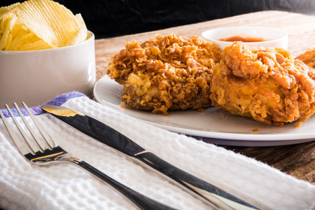fried chicken on the wooden table