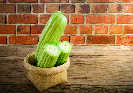 Chinese Bitter Gourd on wooden tableの写真素材