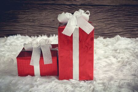 Christmas home decoration with red gifts boxの写真素材