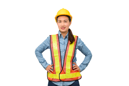 female worker with Protection Equipment isolated on white backgroundの写真素材