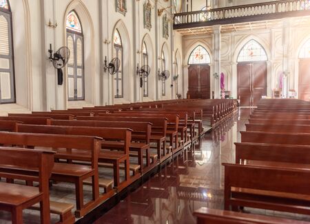 The interior of the Roman Catholic Church(The Nativity of Our Lady Cathedral), Samutsongkhram, Thailand. built in 1890. One of the beautiful gothic style building in Thailand.のeditorial素材