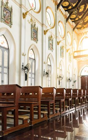 The interior of the Roman Catholic Church(The Nativity of Our Lady Cathedral), Samutsongkhram, Thailand. built in 1890. One of the beautiful gothic style building in Thailand.のeditorial素材