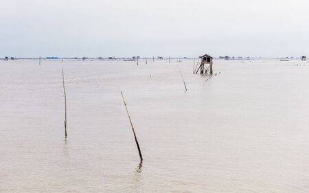 landscape of , KraTeng Mai Pai , Bamboo hut Little hut in the sea at Bang Taboon, Phetchaburi, Thailandの写真素材