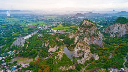 Aerial view of Mount Khao Ngoo Rock Park or Thueak Khao Ngu, Ratchaburi Ancient monuments in Ratchaburi Province, Thailandの写真素材