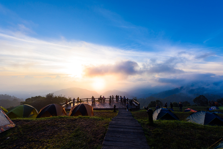 Chiang mai, Thailand - 20 NOV 2017 : Tourists and Campground tents, Take a Photo at Mon Sone View Point, Doi Pha Hom Pok National Park,  Doi Ang Khang, mountainのeditorial素材