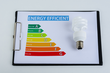 Energy efficiency concept with energy rating chart and Energy savings lampの写真素材