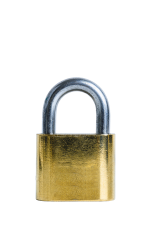 Gold and metal Padlock isolated on white backgroundの写真素材