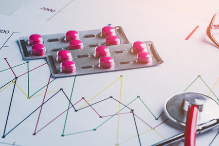 drug, pills and glasses with stethoscope on lab table and Drug test report graph