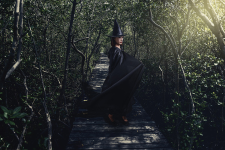 Portrait of woman in black Scary witch halloween costume with moonlight in a dark forestの写真素材