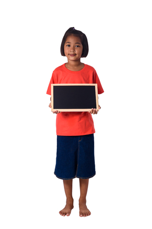 Asian Cute Country girl with blank black chalkboard  for education conceptual isolated on white backgroundの写真素材
