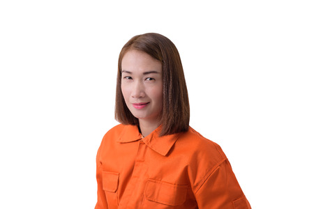 portrait of a woman worker in Mechanic Jumpsuit isolated on white background with clipping pathの写真素材