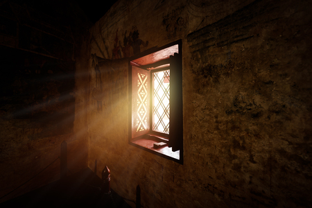 vintage wooden window and old wall with window light and shadowの写真素材
