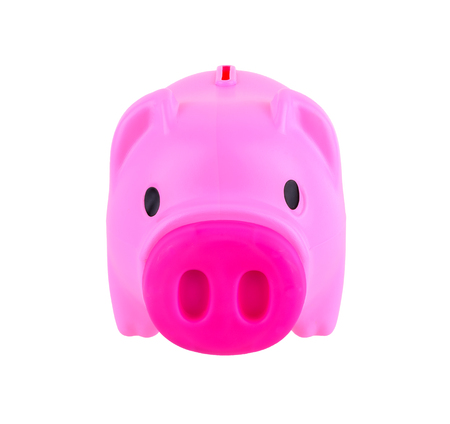 Pink piggy bank save coins isolated on a white background with clipping path. Save coins, time, money and business conceptの写真素材