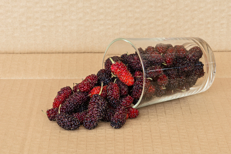 Organic Mulberry fruits in Clear glass on brown cardboard backgroundの写真素材