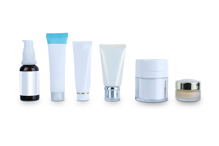 collection of various beauty cosmetic hygiene containers plastic bottle with body moisturising isolated on white background with clipping pathの写真素材