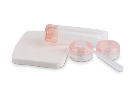 Travel set of jars for cosmetics. Shampoo, shower gel, face cream isolated on white background with clipping pathの写真素材