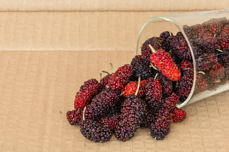 Organic Mulberry fruits in Clear glass on brown cardboard backgroundの写真素材