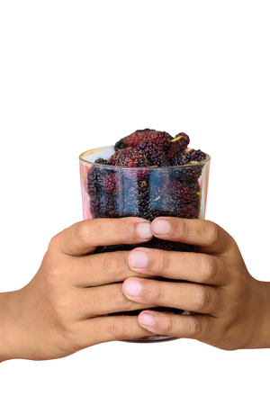 Hand holding glass of many pile organic Mulberry friut isolated on white background with clipping pathの写真素材