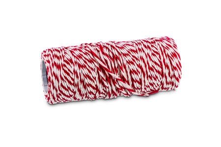 Roll of mail rope, Red and White string rope for wrapping parcel, packaging, gift mail box isolated on white background with clipping pathの写真素材