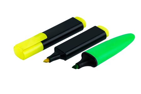Green, yellow highlight marker pen isolated on white background with clipping pathの写真素材