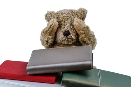 Cute brown bear doll with Many books two hands closed their eyes, showing regret and dismal isolated on white background. Embarrassment with learning conceptの写真素材