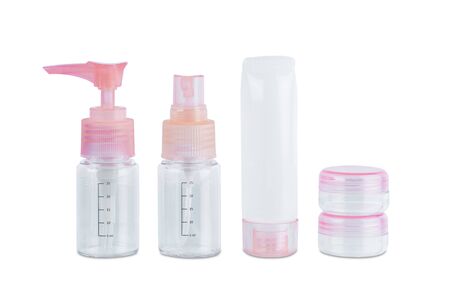 Travel set of jars for cosmetics. Shampoo, shower gel, face cream isolated on white background with clipping pathの写真素材