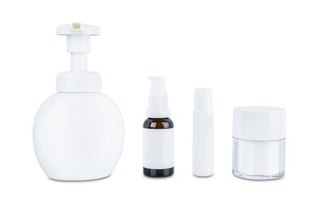 collection of various beauty cosmetic hygiene containers plastic bottle with body moisturising isolated on white background with clipping pathの写真素材