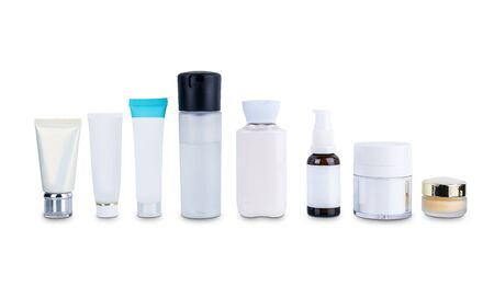 collection of various beauty cosmetic hygiene containers plastic bottle with body moisturising isolated on white backgroundの写真素材