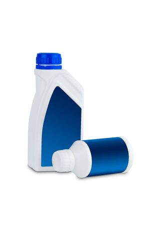 Two Different shapes White Plastic container for Engine treatment products or machine oil isolated on white background with clipping pathの写真素材