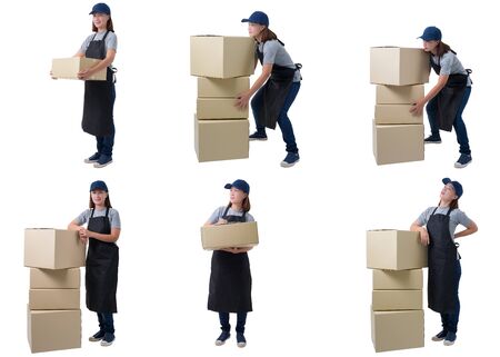 Collection set of Full Body portrait of delivery woman in Gray shirt and apron is holding or lifting boxes isolated on the white backgroundの写真素材