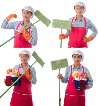 Collection set of happy woman, maid, House wife  holding a bucket full of cleaning supplies isolated on white backgroundの写真素材