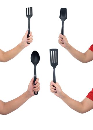 Collection set of Housekeeper hand holding Plastic ladle isolated on white backroundの写真素材