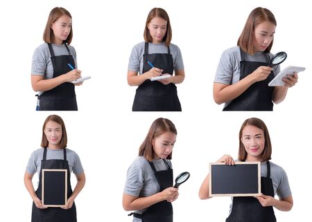 Collection set of portrait of waitress, delivery woman or Servicewoman in Gray shirt and apron. taking order and making note isolated on white backgroundの写真素材