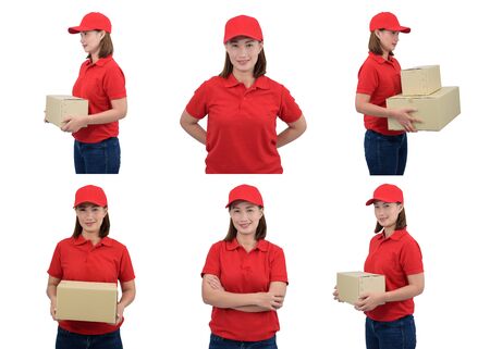 Collection set of Portrait Of Delivery woman in red uniform and Parcel boxes making notes on delivery receipt clipboard, isolated on white background. mail, logistics, people and shipping courier service conceptの写真素材