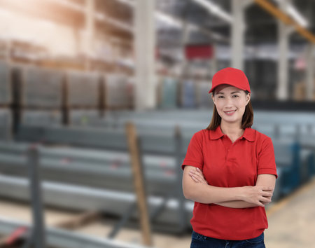 Portrait of Female staff warehouse operator with Blurred the background of Construction material on product shelf in storeの写真素材