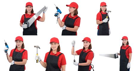 Collection set Portrait of young woman worker smiling in red uniform with apron, glove hand holding Craftsman tool and arms crossed isolated on white backroundの写真素材
