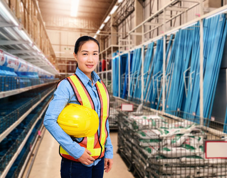 Portrait of Female staff warehouse operator with Blurred the background of Construction material on product shelf in storeの写真素材