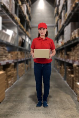 Female staff Lifting parcel boxes with Blurred the background of the warehouse storageの写真素材