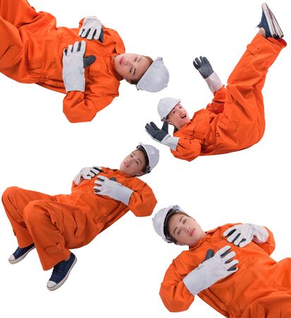 Collection set Portrait of woman worker in Mechanic Jumpsuit with helmet and Protective gloves had an accident at work isolated on white backgroundの写真素材