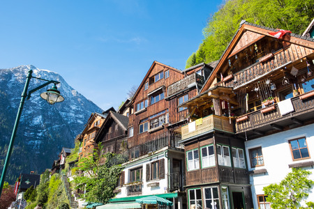 Scenic view of famous Hallstatt mountain village in the Austrian Alps on summer, Salzkammergut region, Austriaの写真素材