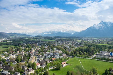 Aerial View village in Salzburg, Austria from Hohensalzburg Fortress background mountain Alpsの写真素材