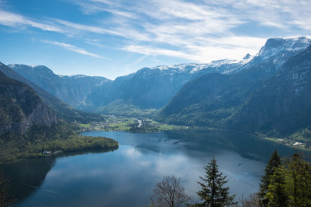 Aerial View village in hallstatt, Austria foreground is lake and background mountain Alps on summerの写真素材